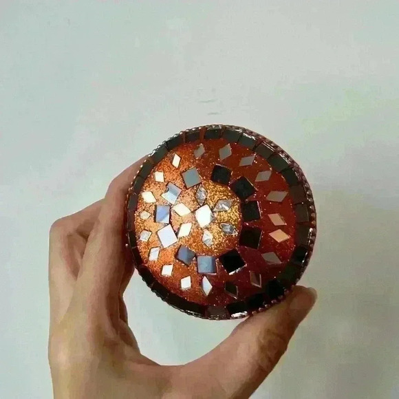 Bejeweled Orange Diamond  Jewelry Trinket Tin Bohemian Home Decor Organizer - Picture 5 of 8